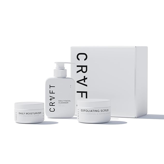 CRVFT Men’s Facial Care Kit | Aloe Vera Face Wash 3oz | Hyaluronic Moisturizer 1oz | Charcoal Exfoliating Scrub 1.7oz | 3 Piece Complete Daily Skin Care System | Look + Feel Your Best [Scented]
