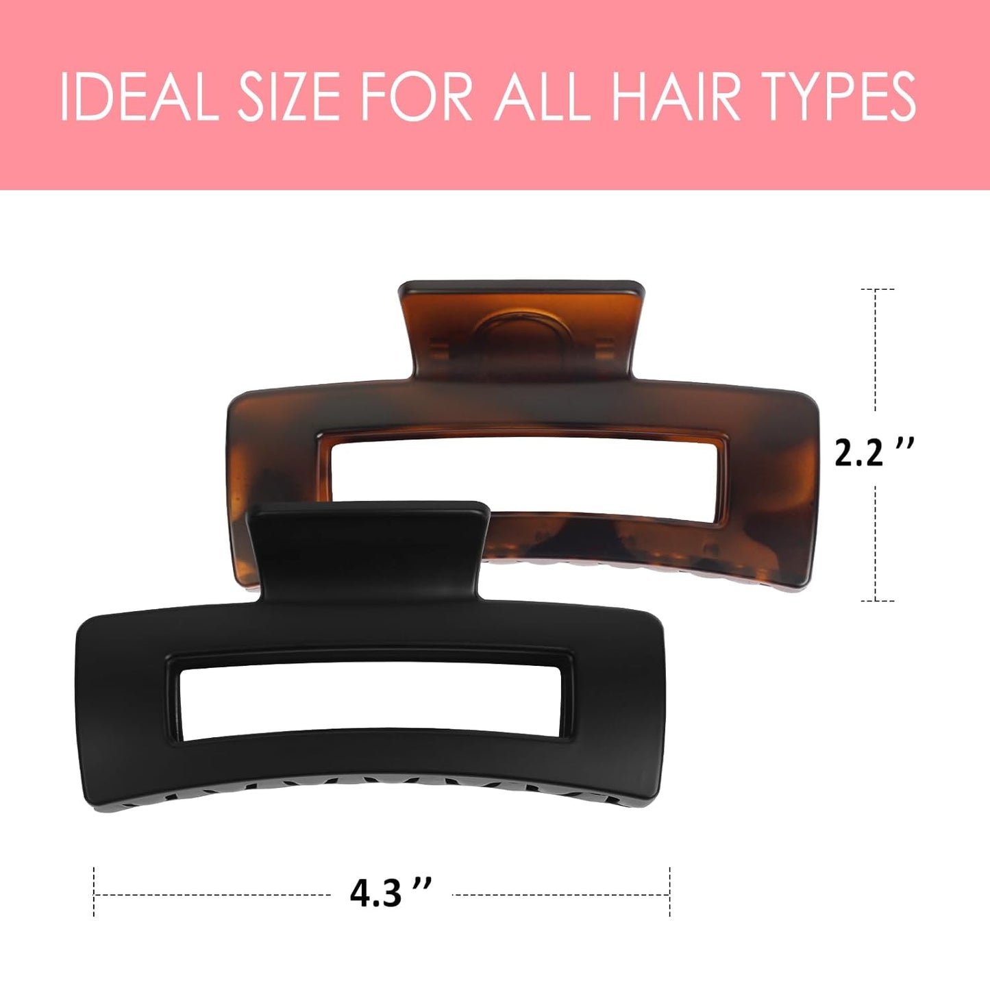 Claw Clip for Women, 4.3" Large 360° Grip Butterfly Spring Hair Clip, Matte Claw Clips 2 Pack - Strong Hold Rectangle Clips, Durable for Thick Hair, Black & Tortoise