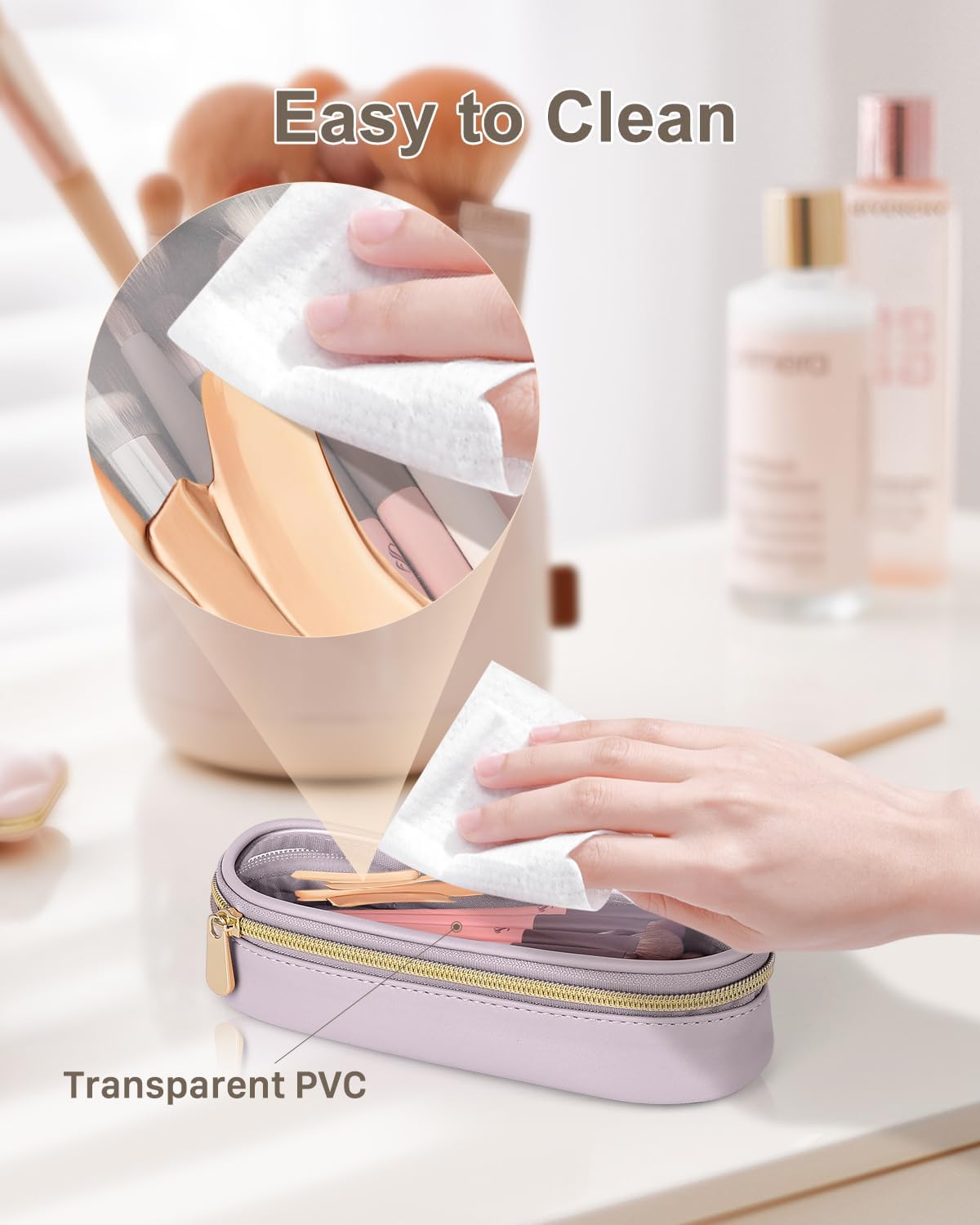 Clear Travel Makeup Brush Holder, Leather Makeup Brush Toiletry Bag, Portable Cosmetic Brush Case, Transparent Waterproof Makeup Brush Storage Bag, Purple