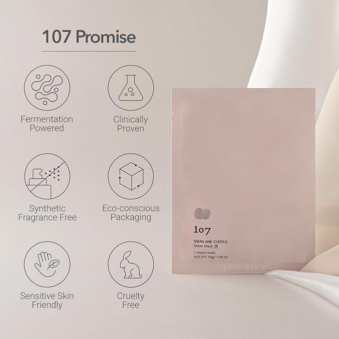 107 SQUALANE CUDDLE Sheet Mask, Pack of 5 Sheets, Squalane & Niacinamide, Hydrating & Rejuvenating Facial Treatment, Korean Skincare, 30g (1.06oz) per Sheet