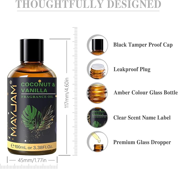 Coconut & Vanilla Fragrance Oils Essential Oil - Coconut & Vanilla Oil for Diffusers, 3.38FL.OZ/100ML Large Volume Fragrance Oil with Premium Glass Dropper