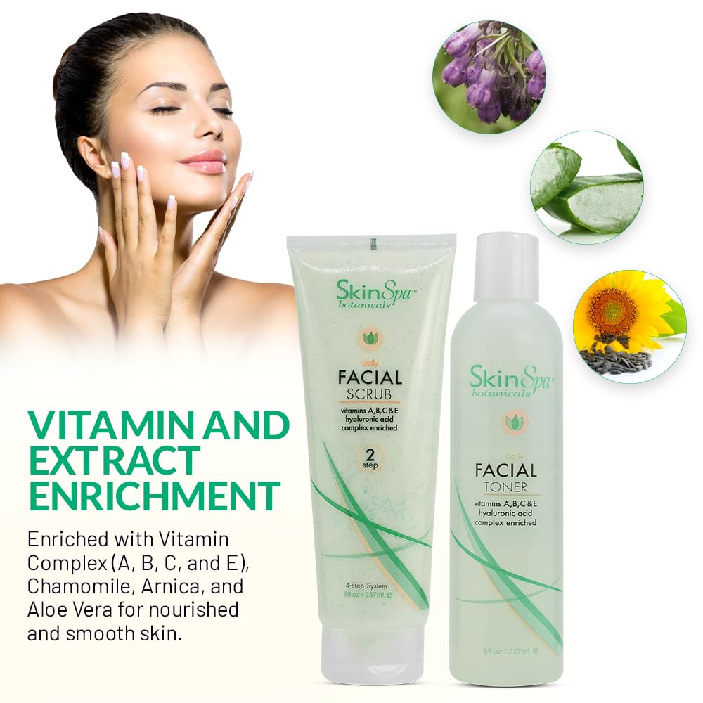 Skin Care Facial Cleanser Set, Daily Routine Kit, System, Infused with Aloe Vera, 8 Oz - Face Wash Scrub, Cleanser, Toner, Makeup Remover, Clay Mask and Moisturizer