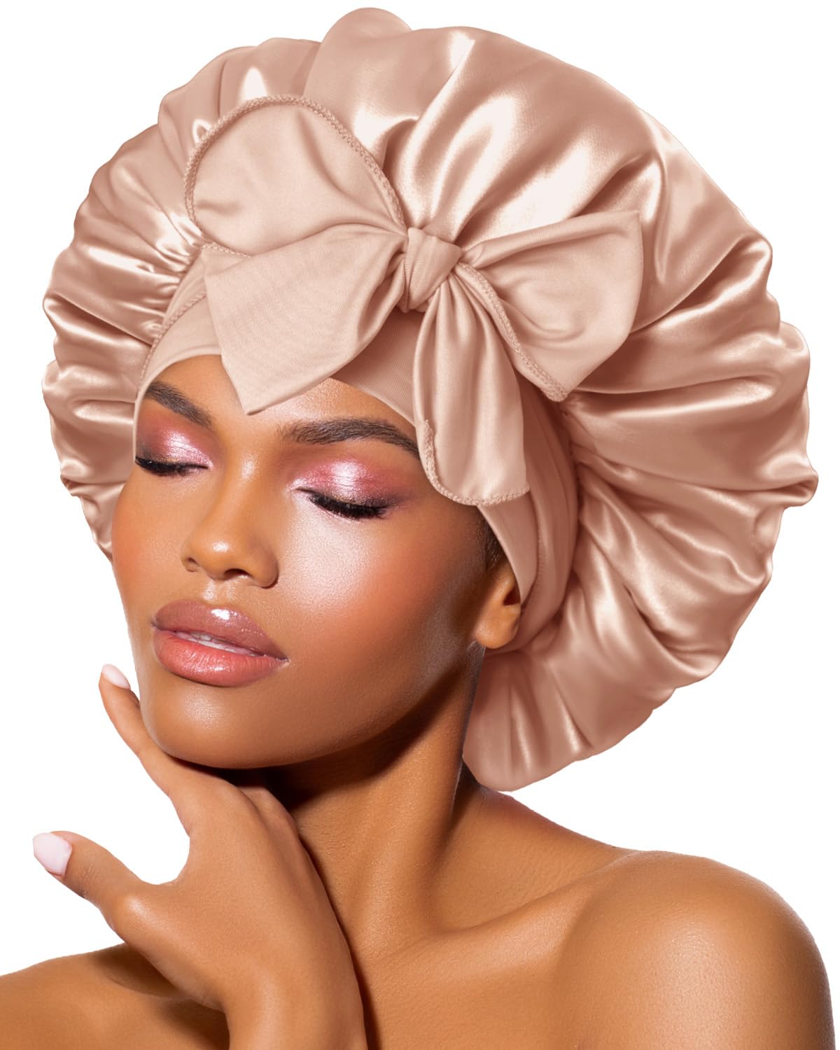 BONNET QUEEN Silk Bonnet for Sleeping Women Satin Bonnet Night Sleep Cap Wrap for Curly Hair with Adjustable Tie Band, Single Layer, Champagne