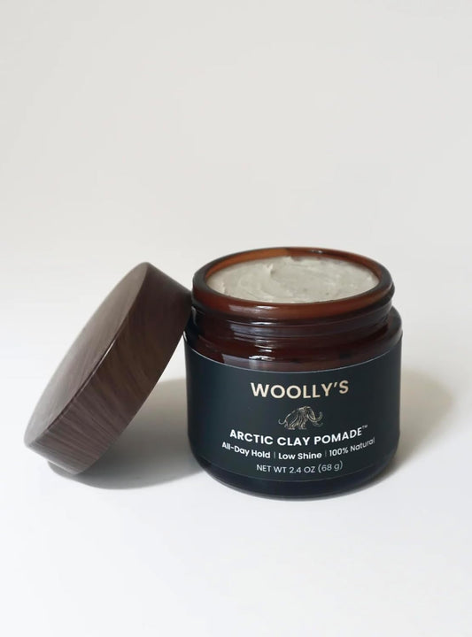 Woolly's Arctic Clay Pomade - 100% All Natural Hair-Healthy Ingredients. All day, flexible hold. Easy washout. Low Shine, Natural Finish.