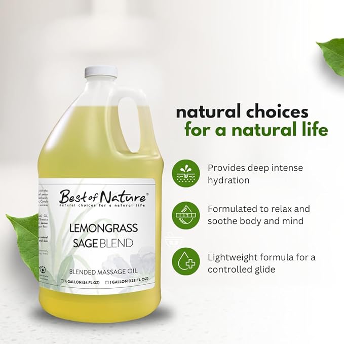 Best of Nature Lemongrass and Sage Massage Oil Blend - Non-Greasy Aromatherapy Massage Oil for Body, Skin & Face, Crafted with Pure Essential Oils (640 fl oz)