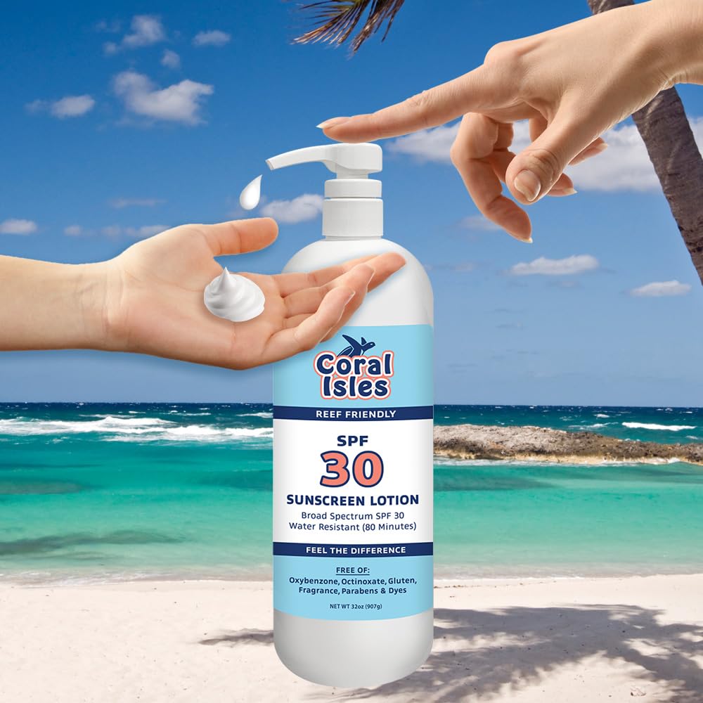 Coral Isles by Rocky Mountain Sunscreen | SPF 30 Lotion | Broad Spectrum UVA/UVB Protection | Hawaii Reef-Safe Act Compliant | Oxybenzone & Octinoxate Free | Water Resistant 80 Min. | 32 Fl Oz