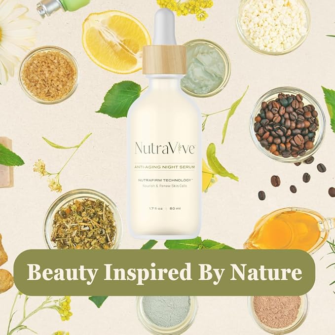 NutraVive Anti-Aging Night Serum – Tightening, Nourishing & Hydrating Face & Neck Serum, 1.7 Fl Oz – Overnight Skin Care Treatment for Fine Lines & Wrinkles – Collagen Boosting Facial Serum