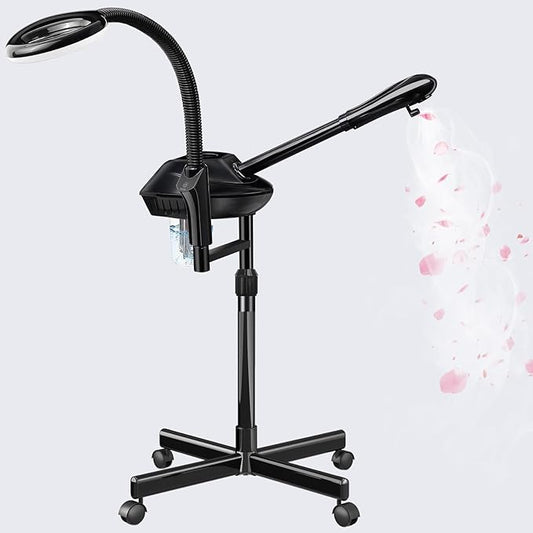 Facial Steamer Professional, 2 in 1 Ozone Facial Steamer on Wheels, with 5X Magnifying Lamp, Facial Steamer with Time Setting, Stand Facial Steamer Adjustable Height for Spa, Salon and at Home use
