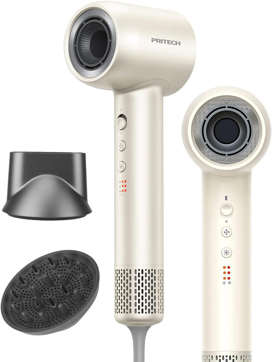 PRITECH Professional Hair Dryer with Diffuser - 1600W High-Speed 110,000 RPM Brushless Motor, Negative Ion Technology & Quiet Operation, 5 Temp 3 Speed Settings, Includes Concentrator Nozzle