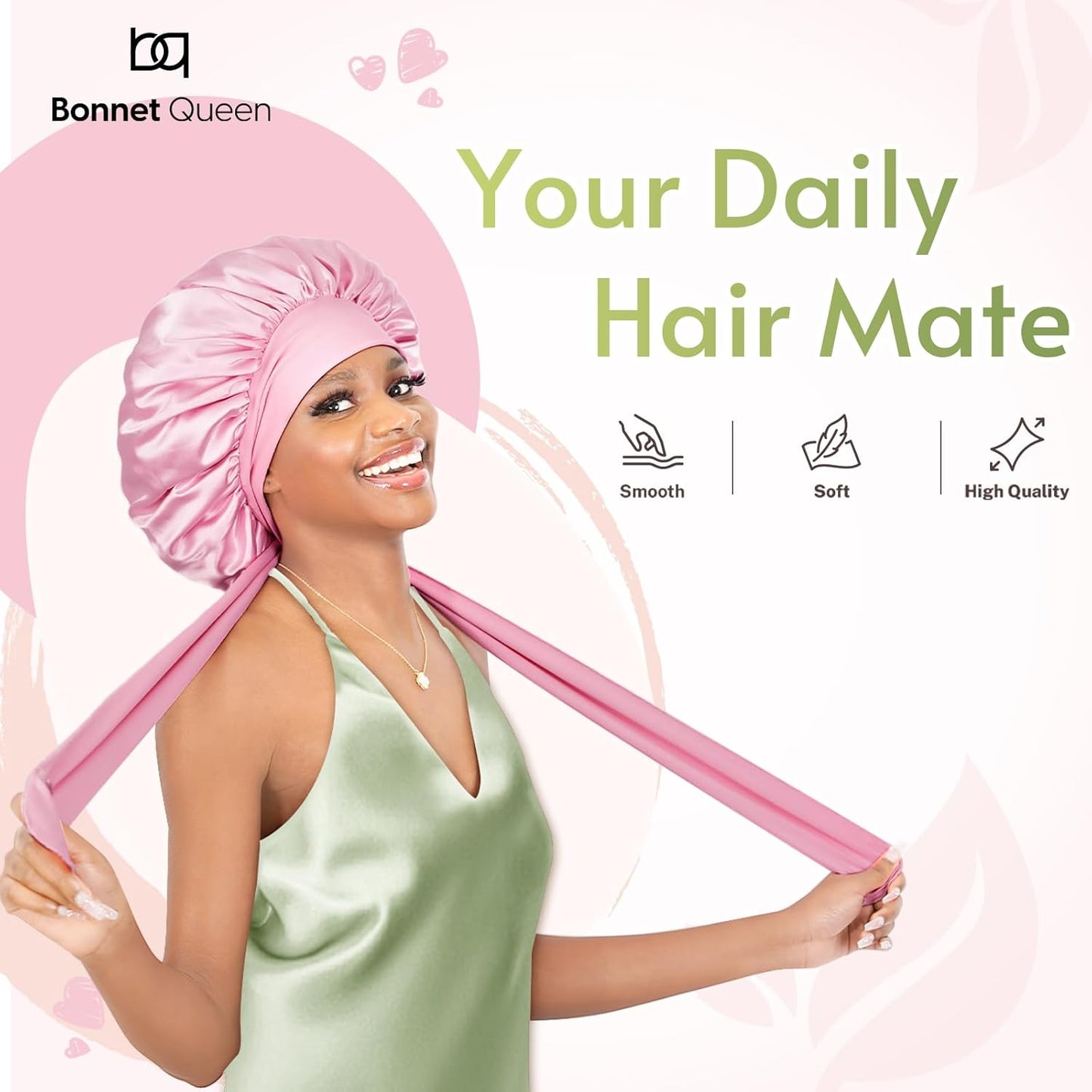 BONNET QUEEN Silk Bonnet for Sleeping Women Satin Bonnet Night Sleep Cap Wrap for Curly Hair with Adjustable Tie Band,Pink