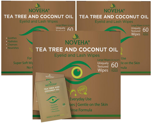 NOVEHA 180PCs Tea Tree & Coconut Oil Eyelid & Lash Wipes | For Demodex, Blepharitis & Itchy Eyes - Effective Eyelash Wipes With Aloe Vera, Natural Makeup Remover & Daily Eye Cleanser - (Pack of 3)