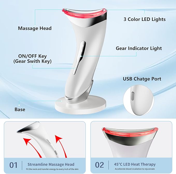 Facial Massager for Face and Neck, Red-Light-Therapy and Vibration Technologies (White)