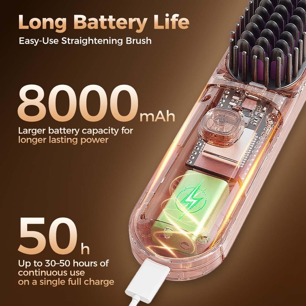 Cordless Hair Straightener Brush, 2026 Updated Mini Portable Hair Straightener for Travel, Fast Heating Straightening Brush, USB Ceramic Electric Hair Comb for Women Straightening and Curling(Purple)