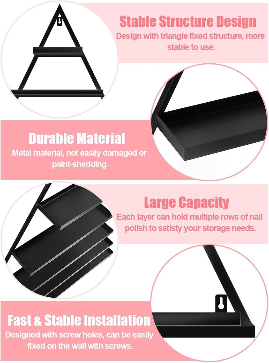 EBANKU 10PCS Nail Polish Racks 5 Tiers Nail Polish Shelf for Wall Triangular Display Rack Cosmetic Display Cases Lipstick Perfume Wall Shelf Essential Oil Organizers for Home Spa Nail Salon(Black)