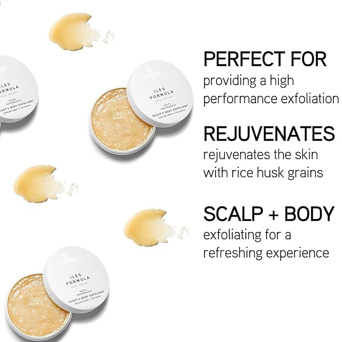 Iles Formula Scalp + Body Exfoliant - Dual Exfoliation with Rice Husk + Alpha Hydroxy Acids From Kiwi Fruit, Gentle Antioxidant - Dead Skin Remover & Rejuvenation - (50 ml) Bergamot Scent