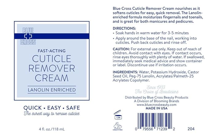 Blue Cross Cuticle Remover Cream for Dry Damaged Cuticles, Moisturizing Cuticle Softener for Nails, Professional Nail Care for Dry Manicures, Brittle Hang Nails, Made in USA, 4oz