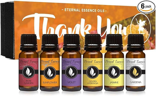 Eternal Essence Oils Thank You Set of 6 Premium Fragrance Oils - Includes Rose Garden, Violet, Golden Hydrangea, Sunflower, Gardenia, and Jasmine Scented Oils - 10ML