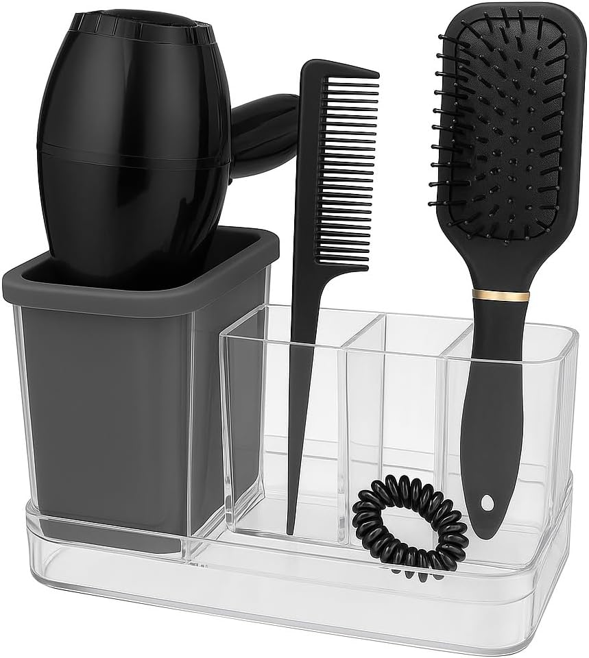 OnDisplay Hair Tool & Makeup Organizer with Silicone-Lined Compartment – Bathroom Counter Storage for Hair Dryer, Brushes, Sponges & Cosmetics – Clear Acrylic Vanity Holder with Removable Tray