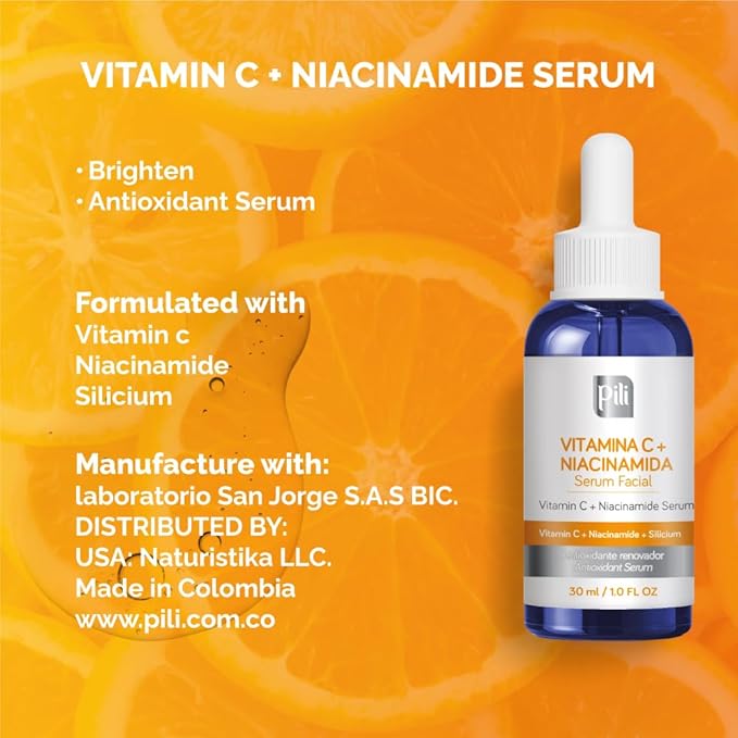 Pili Vitamin C Serum with Niacinamide & Organic Silicon – Brightening, Hydrating & Anti-Aging Face Serum for All Skin Types, Including Oily & Acne-Prone Skin – 1 fl oz