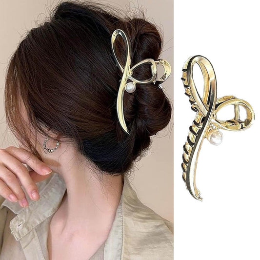 1Pcs Large Metal Hair Claw Clip for Women - Gold Bowknot Design with Pearls, Strong Hold for Long Thick Hair, No Slips Jaw Clamp for Hair Styling