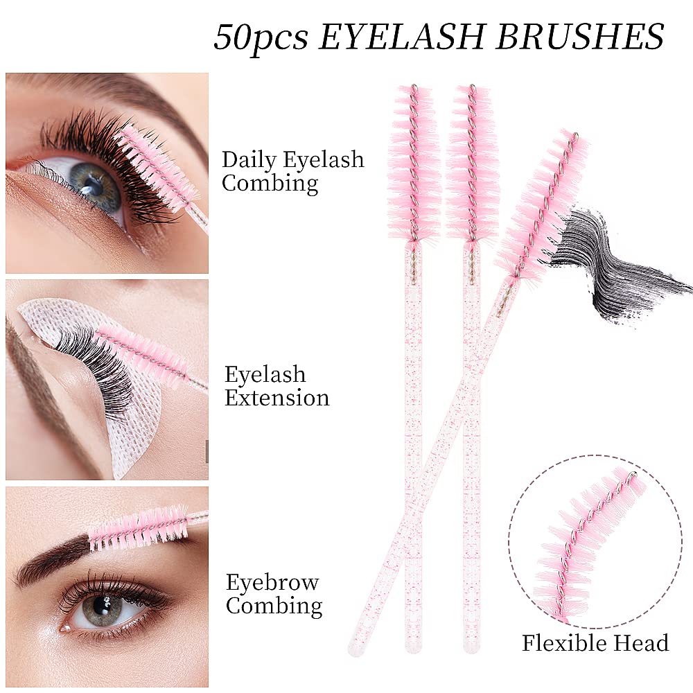 200Pcs Eyelash Extension Supplies Kit,Disposable Lash Spoolies Brushes Micro Swab Brushes Mascara Wand Lip Brushes for Eyelash Extension Tattoo Lipstick Applicator (Crystal Pink)
