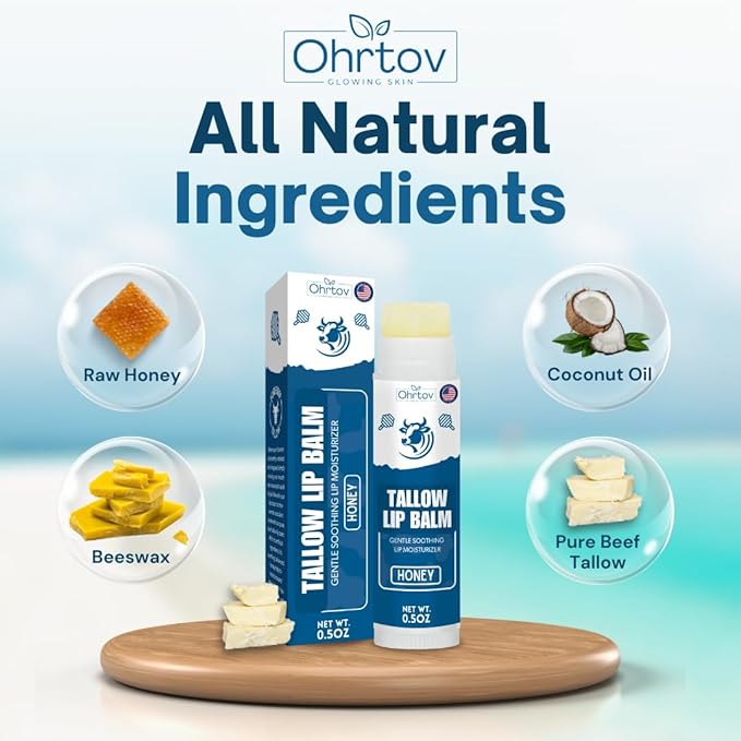 Beef Tallow Lip Balm – Natural Tallow Beeswax Chapstick – Hydrating Moisturizer Grass Fed Bison Tallow Balm Lip Care – Soothes Chapped, Dry Lips, Sensitive Skin – Long Lasting & Vitamin Rich USA-Made