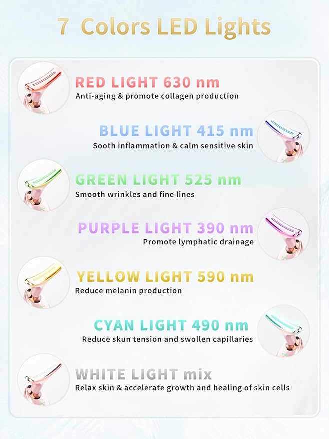 Facial Beauty Device, Multifunctional Facial Skin Care Tools with Vibration, Red and Blue LED Light, 7 Color Led Face and Neck Beauty Device for Home Use, Improve Skin(Glossy Pink)