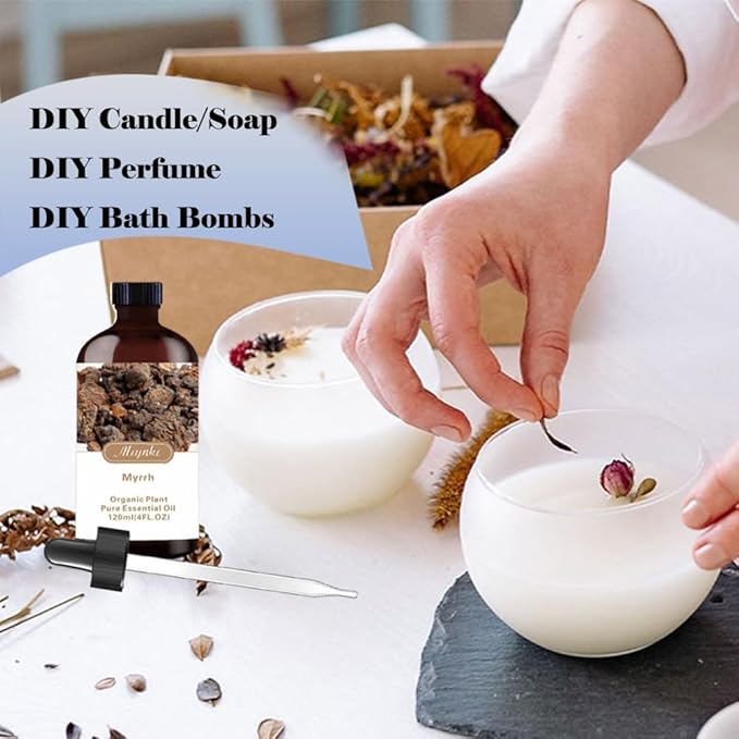 4 Fl Oz/120 ml Myrrh Essential Oil, Send Gift Roll-on (10 ml) - 100% Natural, Aromatherapy, Diffuser, Massage, Yoga, DIY Soap and Candle Making, Fragrance Oils, Spa Skin Care