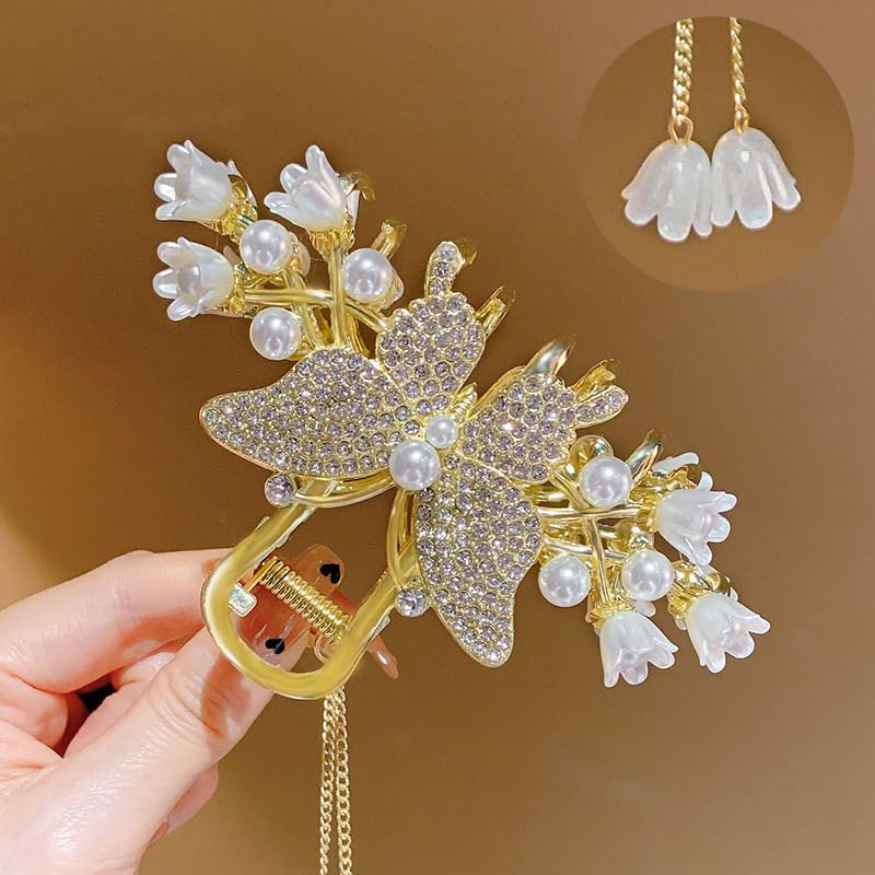 1 Pack Big Butterfly Hair Claw Clip Metal Gold Hair Clips Crystal Rhinestone Butterfly Claw Clips Lily of the Valley Pearl Tassel Design Non Slips Hair Accessories for Women Wedding Birthday Decor