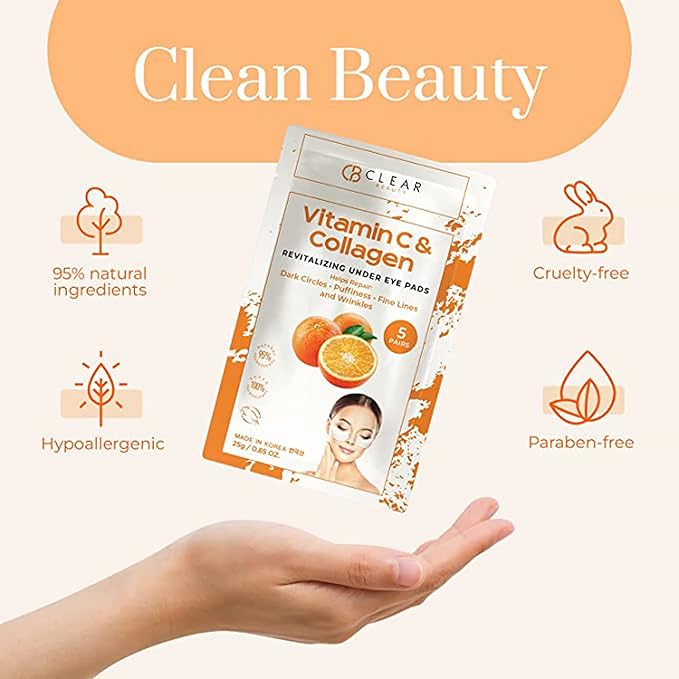 Vitamin C & Collagen Under Eye Patches - Dermatologist Tested, Reduces Dark Circles, Anti-Aging - Clean Beauty, Natural Ingredients, Cruelty-Free Korean Skincare, All Skin Types - 5 Pairs