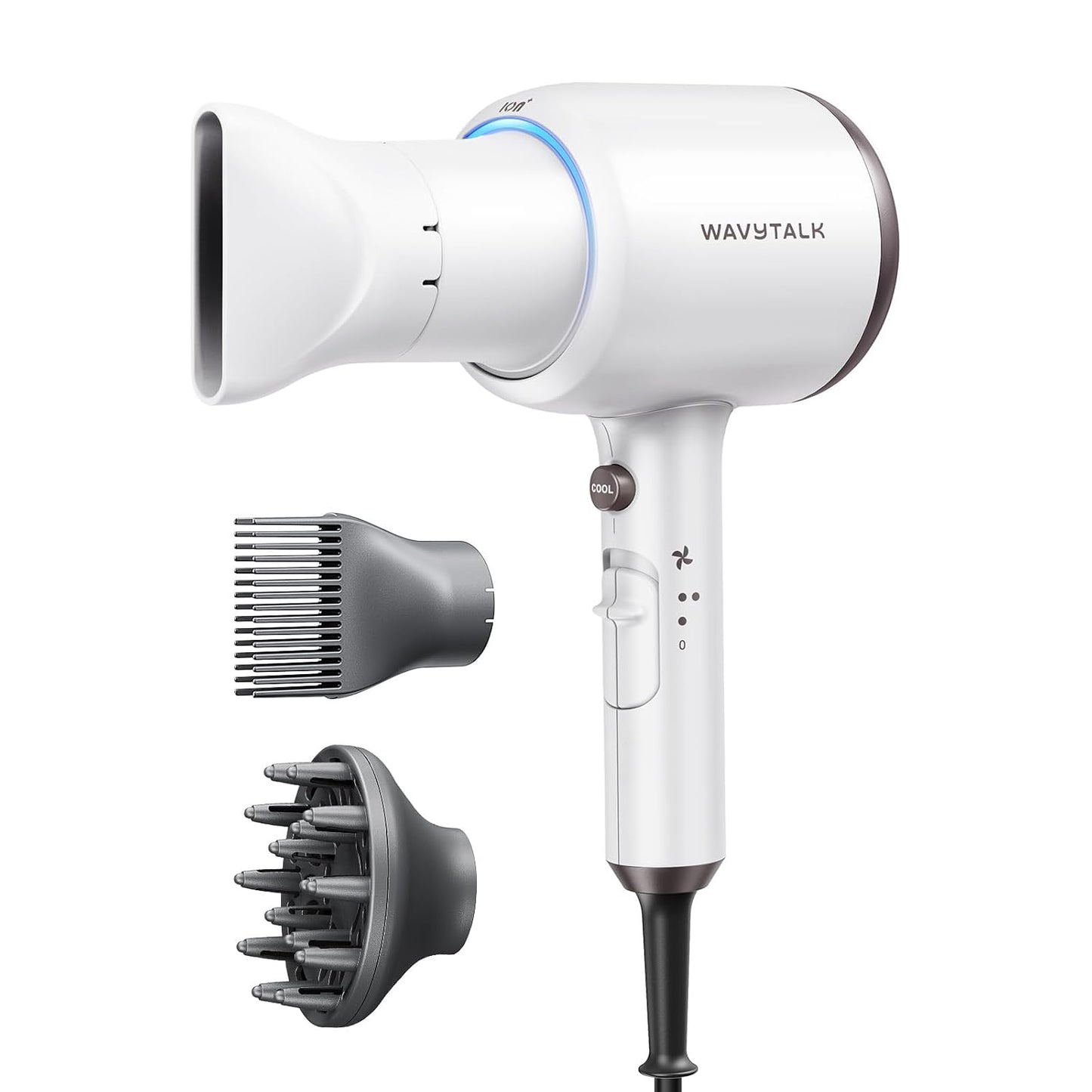 Wavytalk Hair Dryer, Blown Away Ionic Hair Dryer for Curly Hair with Diffuser, 1875W Fast Drying Blow Dryer with Ceramic Technology, 3 Attachments for All Hair Types, Light and Quiet, White