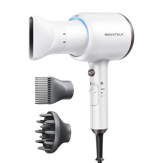 Wavytalk Hair Dryer, Blown Away Ionic Hair Dryer for Curly Hair with Diffuser, 1875W Fast Drying Blow Dryer with Ceramic Technology, 3 Attachments for All Hair Types, Light and Quiet, White