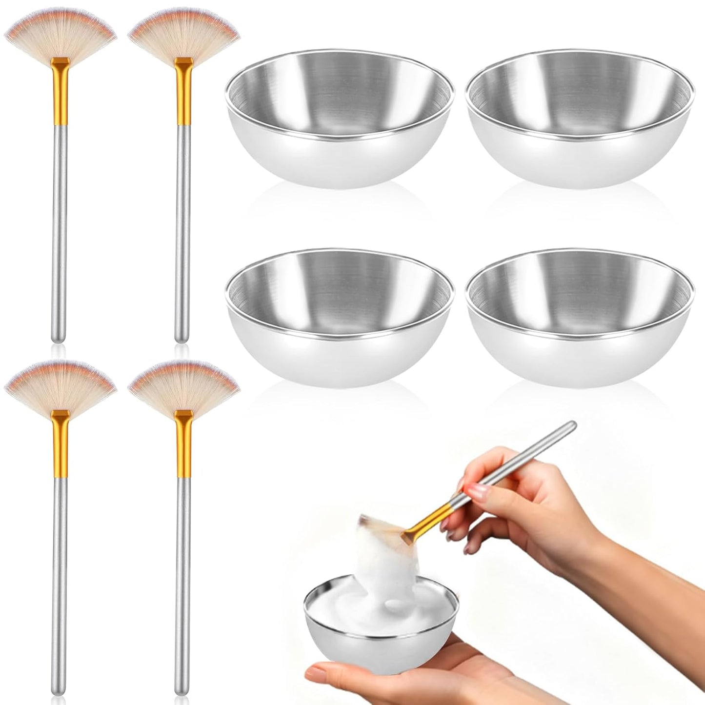 8 Pcs Silver Esthetician Supplies 4 Facial Fan Brushes Esthetician 4 Silver Stainless Steel Mixing Bowls Face Mask Brush Facial Bowls Esthetician for Mud Cream Makeup Spa Salon Women