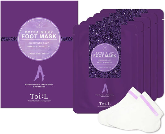 Toi:L Extra Silky Foot Mask 5 Pairs, Post-Peeling Foot Care Treatment, Moisturizing Socks with Guerande Salt & Sweet Almond Oil for Dry Feet, Cracked Heels, and Callus, Stocking Stuffer