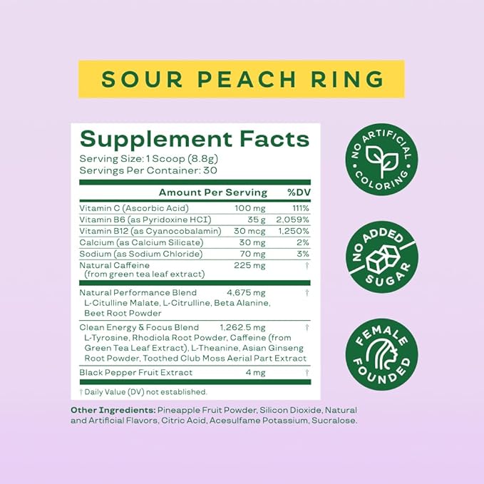 Bloom Nutrition High Energy Pre Workout Powder, Amino Energy with Beta Alanine, Ginseng & L Tyrosine, Natural Caffeine Powder from Green Tea Extract, Sugar Free & Keto Drink Mix (Sour Peach Ring)