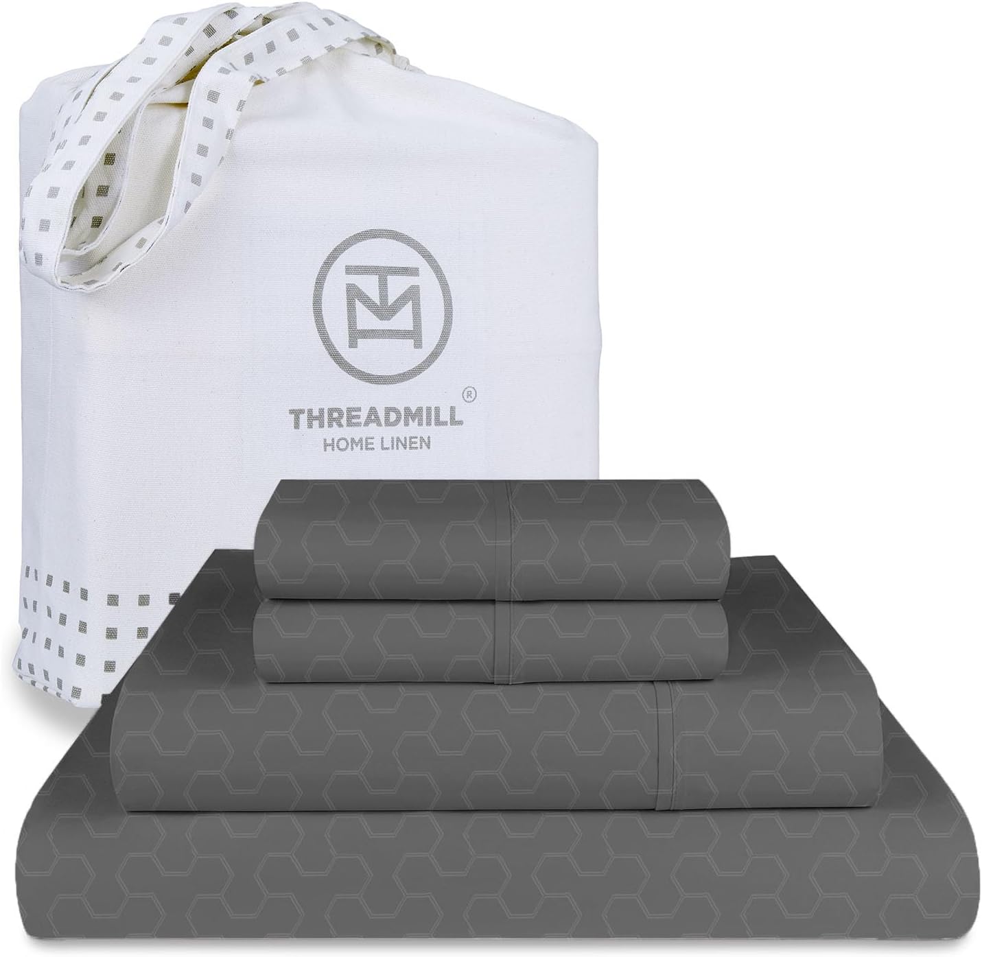 Threadmill 500 Thread Count Full Size 4 Pc Luxury Cotton Sheet Set, Jacquard Floria Dark Grey, Silky Smooth Sheets with 16" Elasticized Deep Pocket, 2 Pillowcases & Free Tote Bag