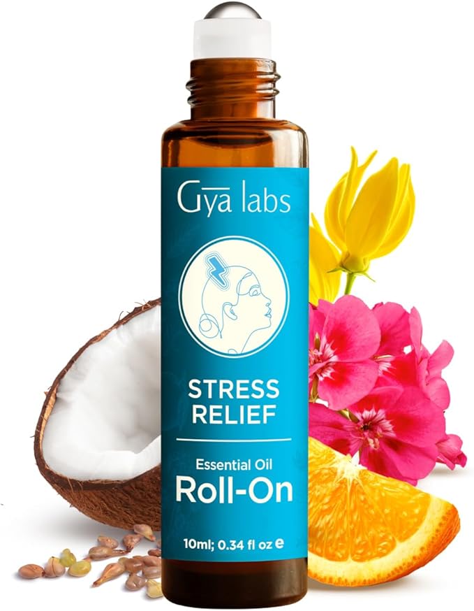 Gya Labs Stress Relief Essential Oil Roll on - Relaxing Gifts for Women & Men, 100% Pure Natural Essential Oil Roller, Blend with Ylang Ylang, Orange, Geranium & Lemongrass, Travel Size (0.34 Fl Oz)
