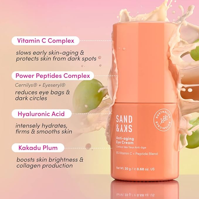 Sand & Sky Australian Essentials Anti-Aging Eye Cream with Peptides & Vitamin C - Under-Eye Brightening Formula, Reduces Dark Circles & Puffiness
