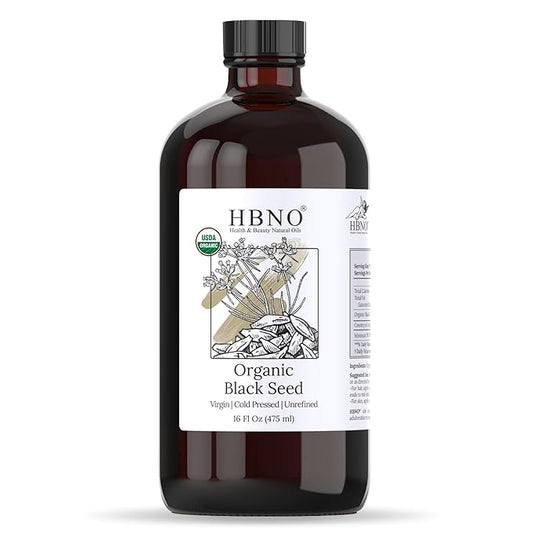 HBNO Organic Black Seed Oil - Huge 16 oz (475ml) Glass Bottle Value Size - USDA Certified Organic Black Seed Oil, Cold Pressed for Face, Body, Lips, Shampoo & Conditioner