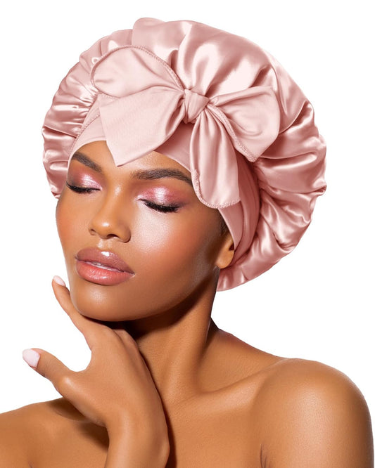 BONNET QUEEN Silk Bonnet for Sleeping Women Satin Bonnet Night Sleep Cap Wrap for Curly Hair with Adjustable Tie Band, Single Layer, Small, Cream Pink