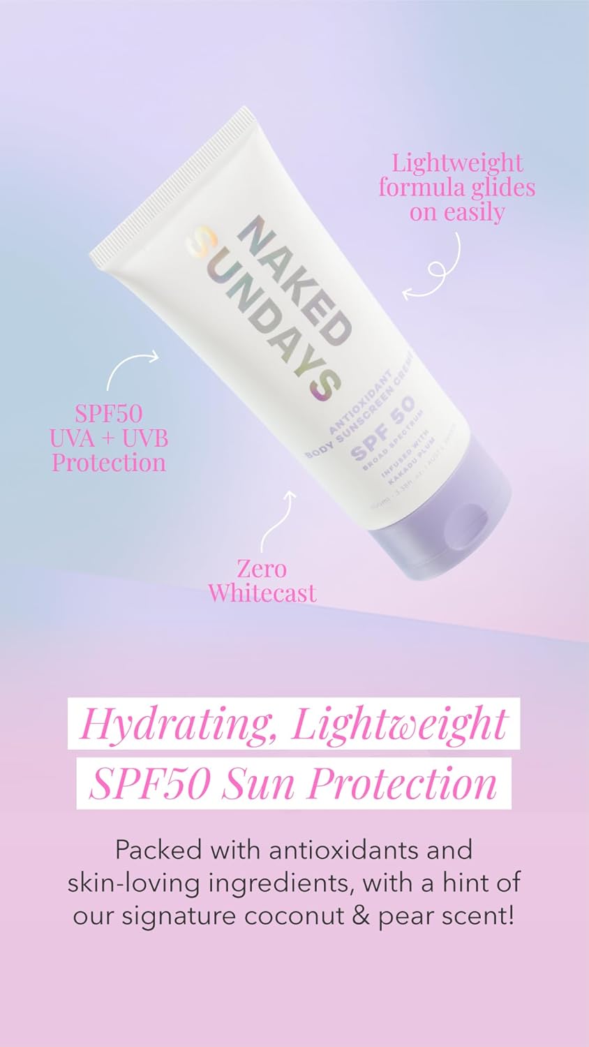 Naked Sundays SPF 50 Antioxidant Body Sunscreen Lotion – Broad Spectrum UVA/UVB Protection, Hydrating & Lightweight – 100ml