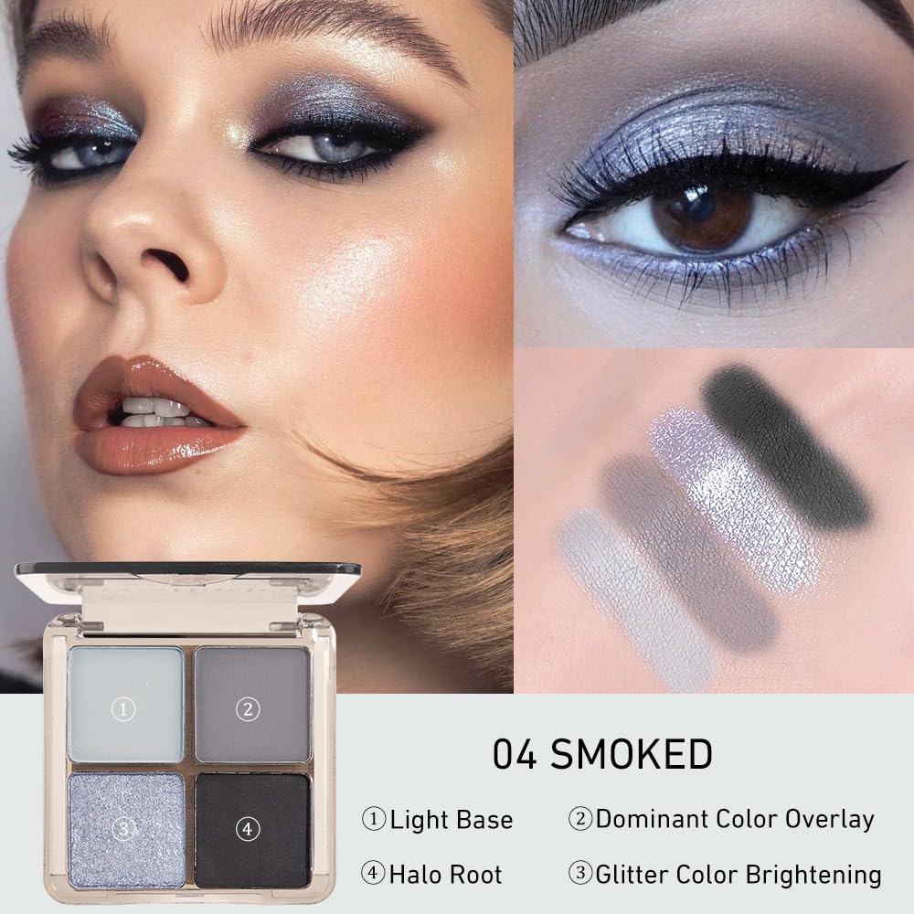 Eyeshadow Quads Smoked Blendable Glitter Matte Eyeshadow Palette,Light Grey Silver Black Sparkly Four Eyeshadow Palette Makeup,Everyday Nature Long-Lasting Waterproof Smokeds Women Girls Eyeshadow 4#
