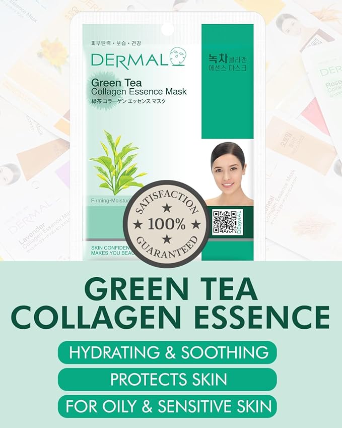 DERMAL Green Tea Collagen Essence Facial Mask Sheet 23g Pack of 100 - Hydrating and Soothing for Sensitive Oily Skin, Revitalize Dull Skin, Daily Skin Treatment Solution Sheet Mask