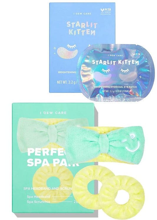 I DEW CARE Hydrogel Eye Patch - Starlit Kitten, 5 EA + Face Wash Headband & Scrunchie Set - Perfect Spa Pair, 1 Count Bundle