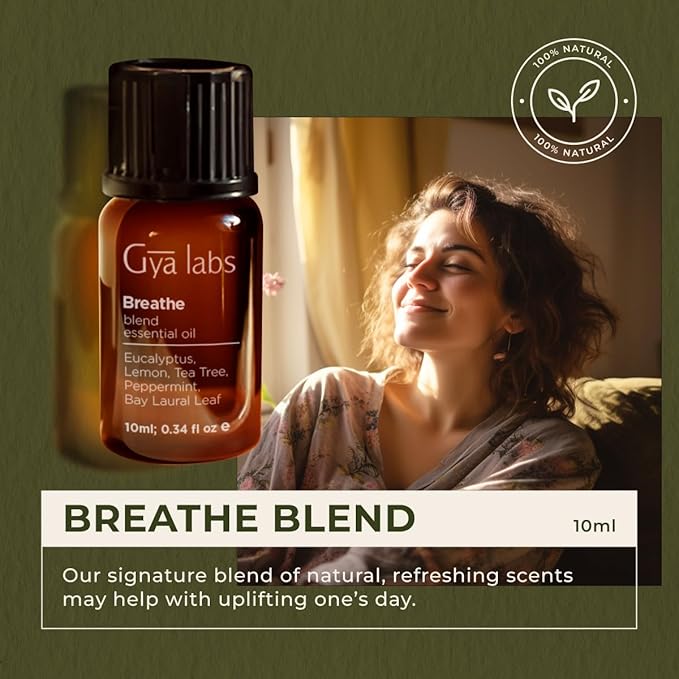 Gya Labs Breathe Essential Oil Blends - 100% Pure Natural Breathe Easy Essential Oils from Eucalyptus, Peppermint and More for Humidifier Cleaner (0.34 Fl Oz)
