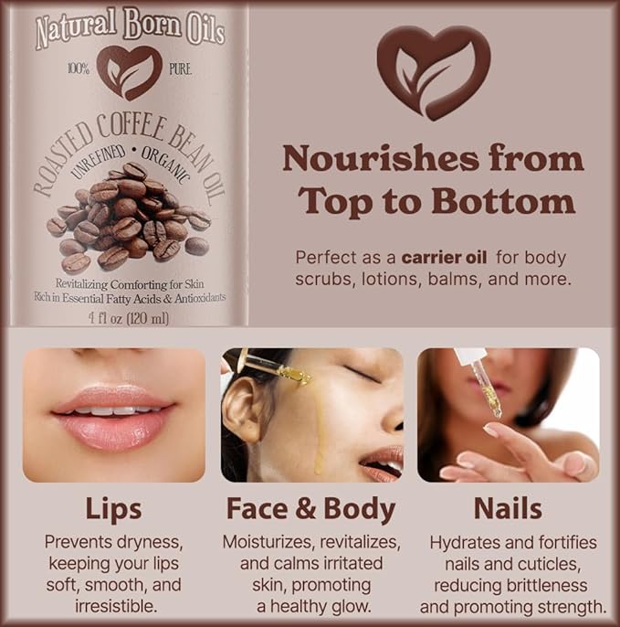 Natural Born Oils Roasted Coffee Bean Oil, 1 Gallon, Organic, Cold-Pressed, Nutrient-Dense, Intense Skin Hydration, Hair Strengthener