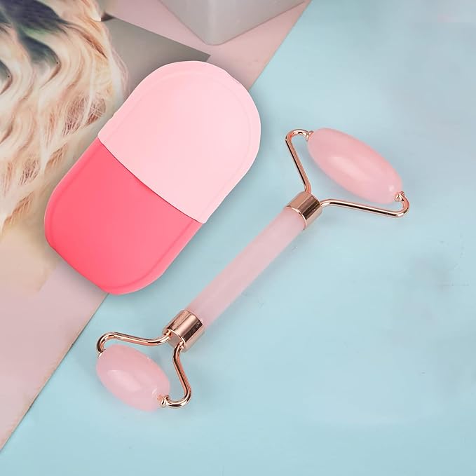 Facial Skincare Ice Roller Mold-Ice Roller for Face and Eye，Beauty Cube Brighten Skin &Enhance Natural Glow &Remove Fine Lines，Facial Beauty Ice Roller Skin Care Tools (Oval, pink set)