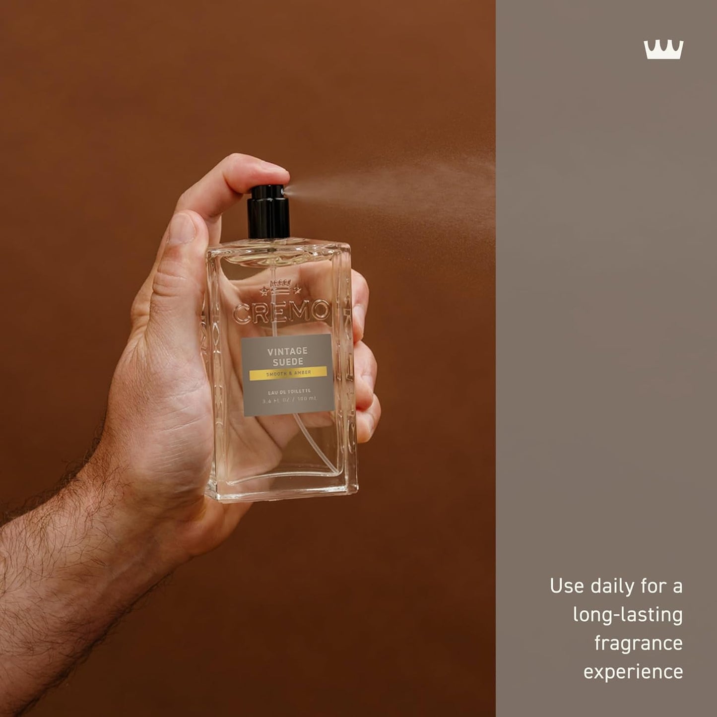 Cremo Cologne For Men - Vintage Suede Mens Cologne Spray, A Combination of White Moss, Rich Amber, and Smooth Suede, Multi-Layered Signature Men's Fragrances, 3.4 Fl Oz