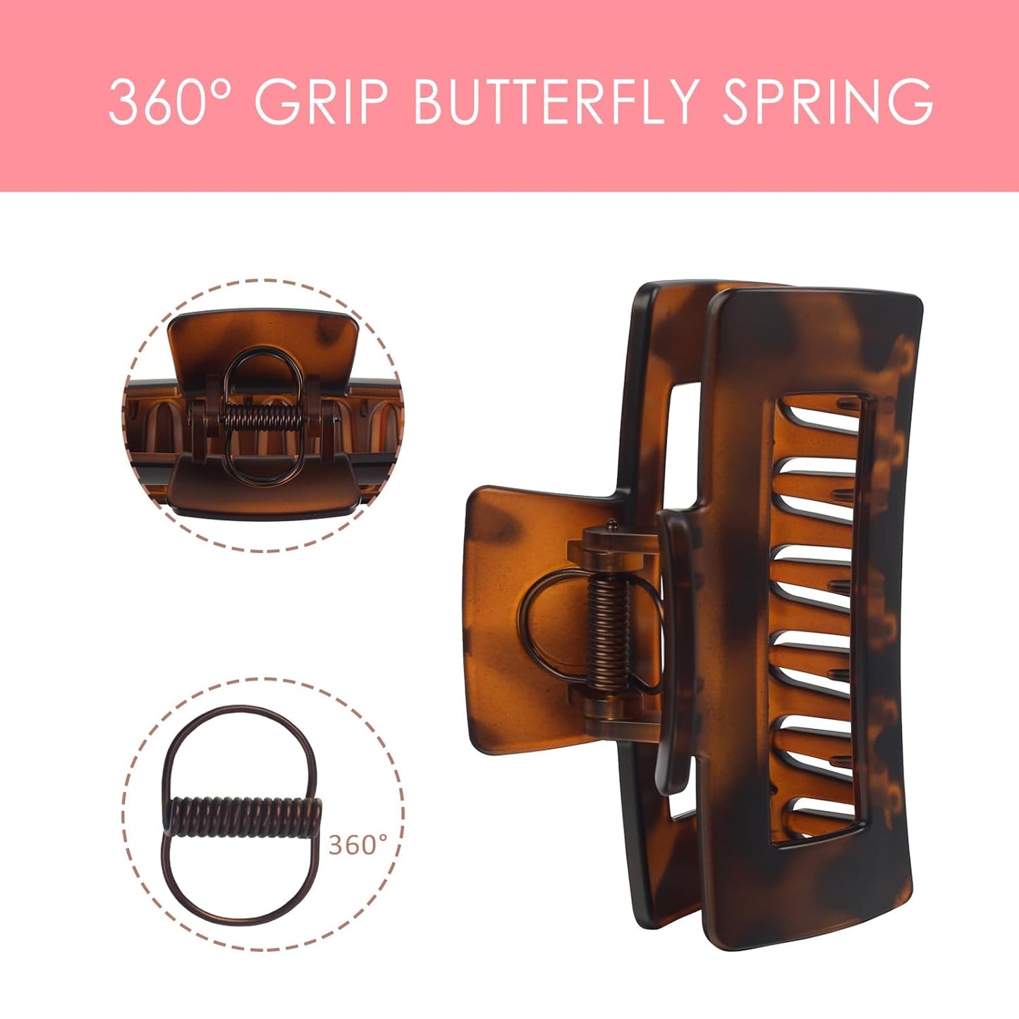 Claw Clip for Women, 4.3" Large 360° Grip Butterfly Spring Hair Clip, Matte Claw Clips 2 Pack - Strong Hold Rectangle Clips, Durable for Thick Hair, Black & Tortoise