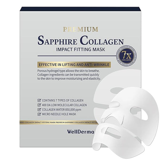 WELLDERMA Sapphire Premium Collagen Impact Fitting Mask 16 EA - Korean Face Sheet Mask for rough and dry skin- Hydrating overnight sheet mask with Patented Porous Structure Hydrogel Type - Niacinamide